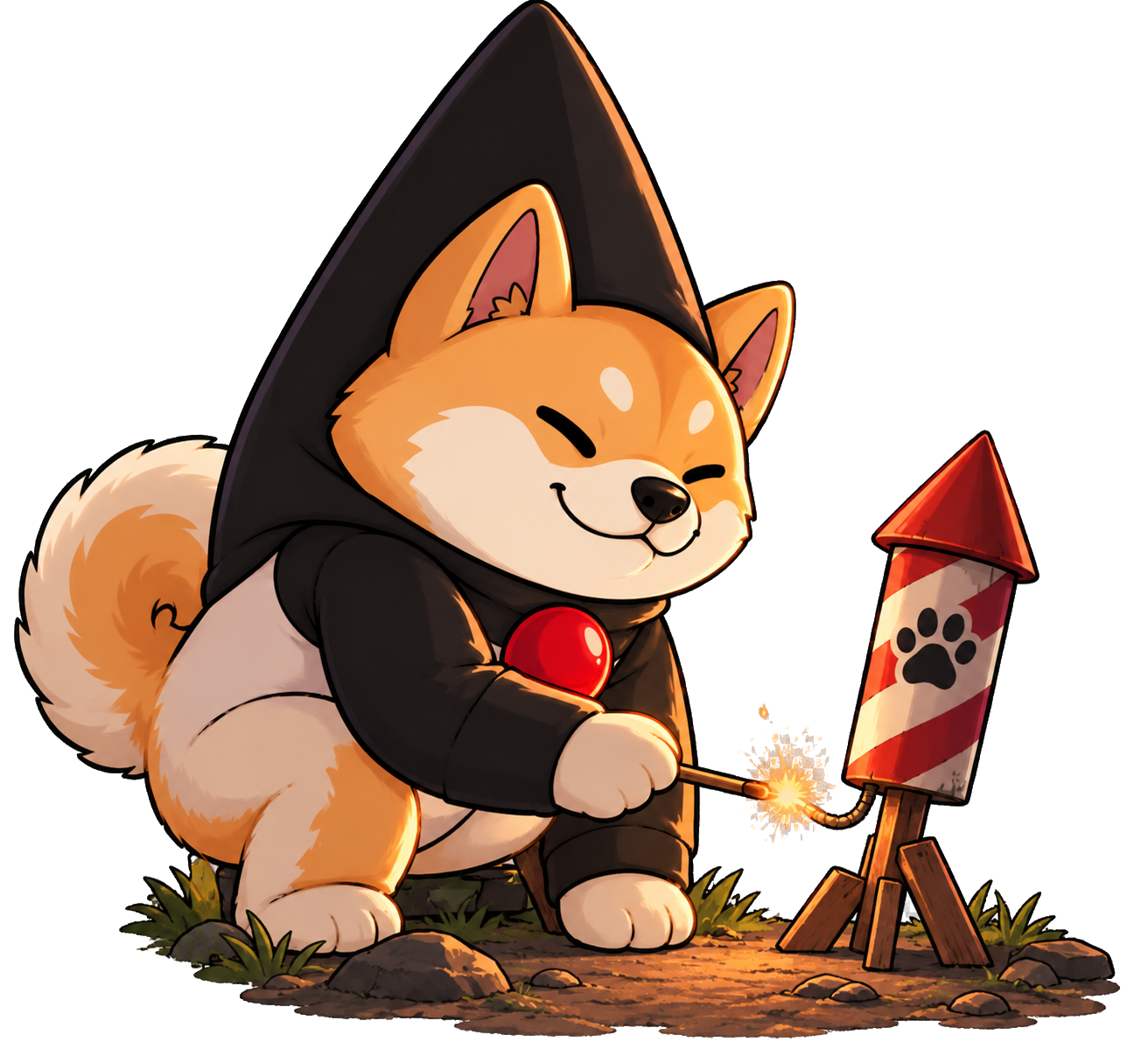 Duke lighting a paw-print rocket
