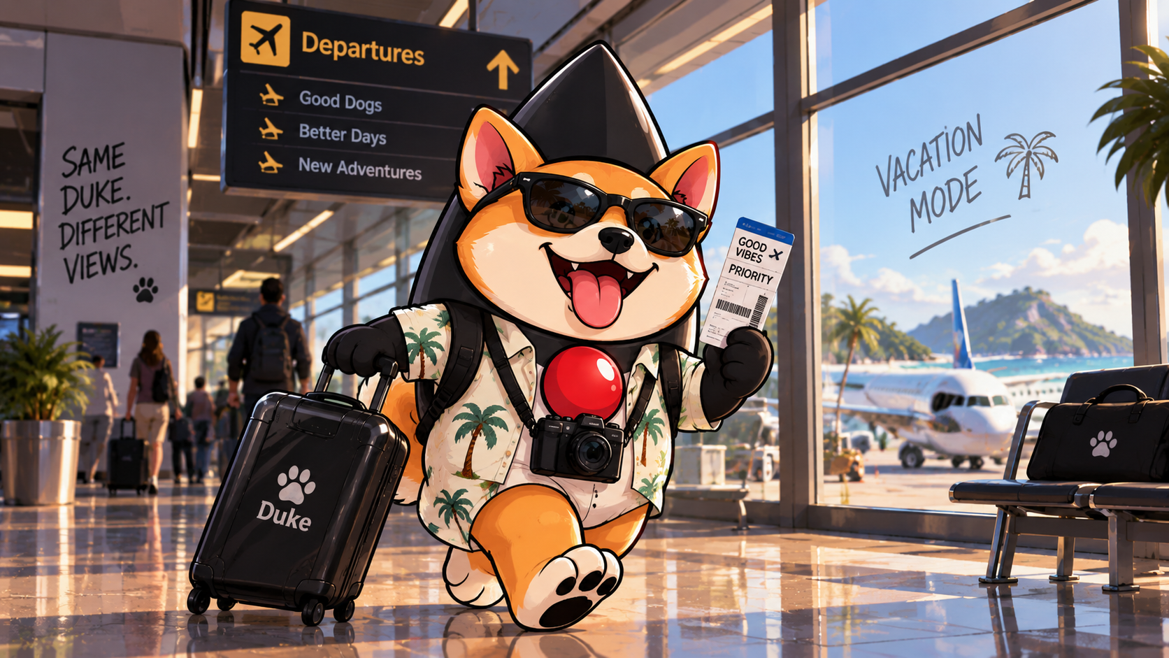 Duke walking through an airport