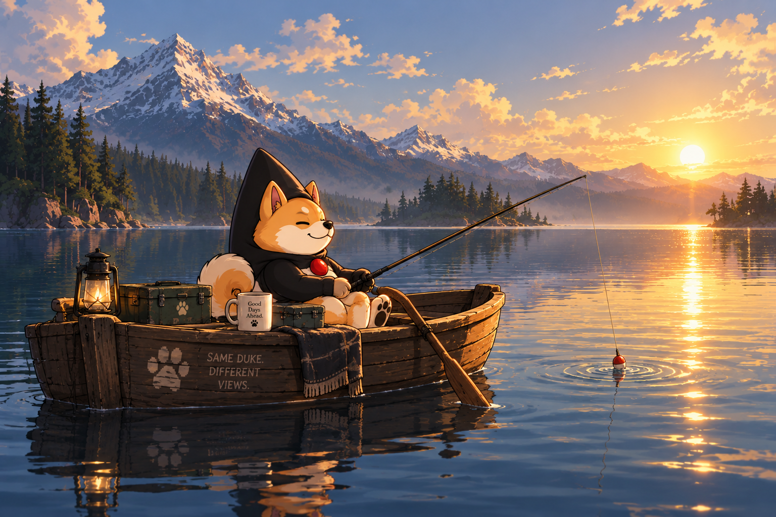 Duke in a boat at sunset