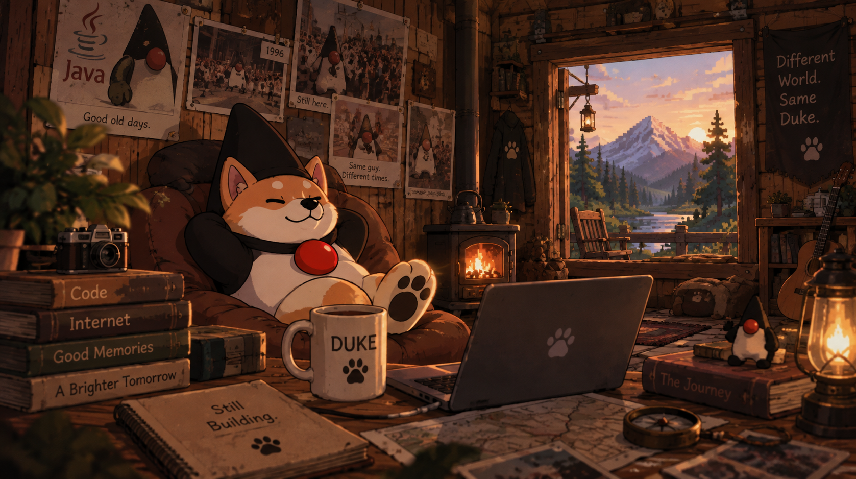 Duke's cabin, old posters on the wall